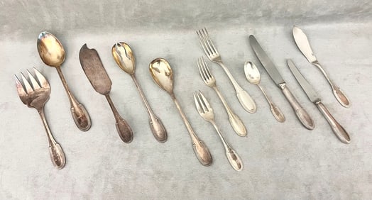 56-PIECE PARTIAL SERVICE FRENCH ERCUIS HEAVY SILVER-PLATED FLATWARE.