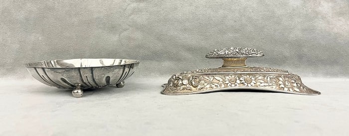S. KIRK STERLING SILVER FRUIT REPOUSSE BON BON/NUT DISH, AND STIEFF STERLING SILVER FLORAL REPOUSSE