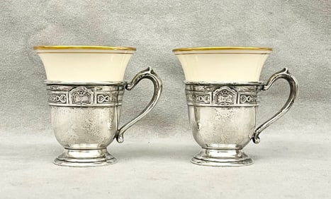 SET SIX GORHAM CO. STERLING SILVER DEMITASSE CUP FRAMES WITH LENOX PORCELAIN LINERS. early 20th