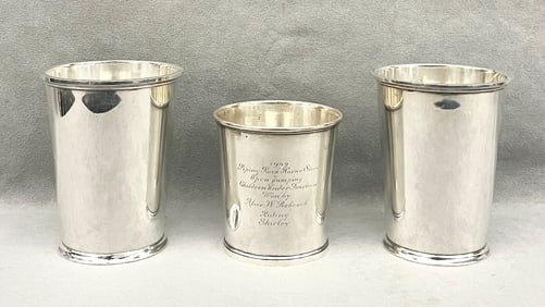 SET OF EIGHT FISHER CO. STERLING SILVER MINT JULEP CUPS, AND A NINTH CUP BY ENSKO ENGRAVED AS RIDING