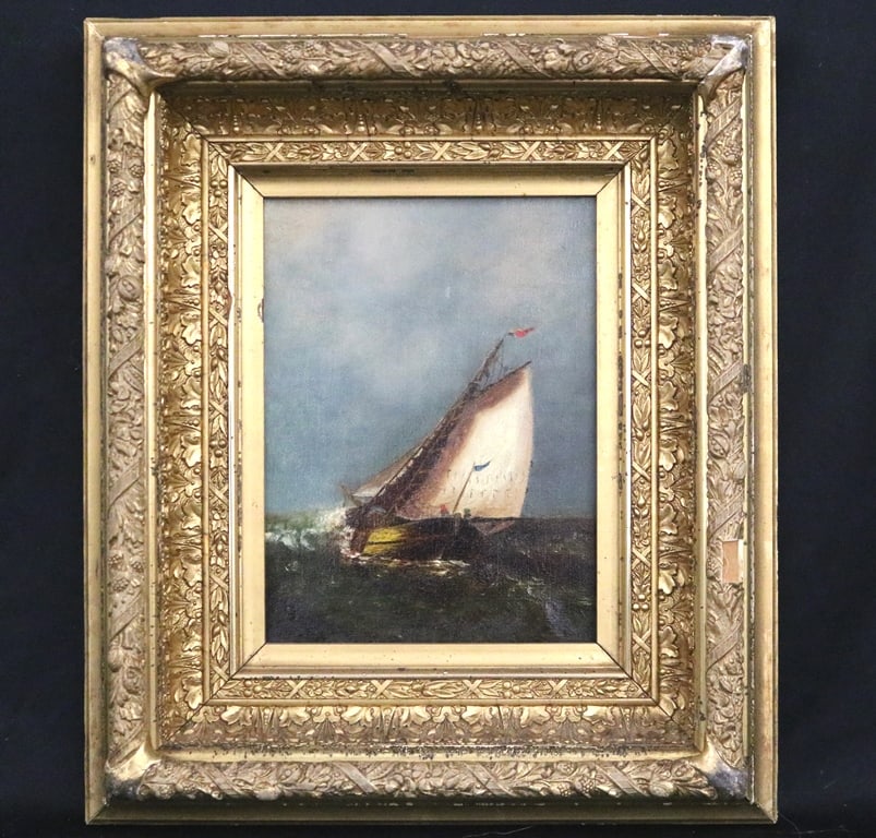 AMERICAN SCHOOL (19th century). Fishing Off the Coast, Oil on canvas depicting a sailboat with a (1 of 12)