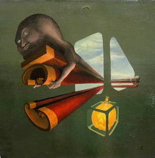 AMERICAN SCHOOL (21st Century). The Resurrection of Saint John the Baptist and the Breaking of the: AMERICAN SCHOOL (21st Century). The Resurrection of Saint John the Baptist and the Breaking of the Mold, 1972, Oil on canvas painting inspired by the work of German artist t Max Ernst who was a key fi