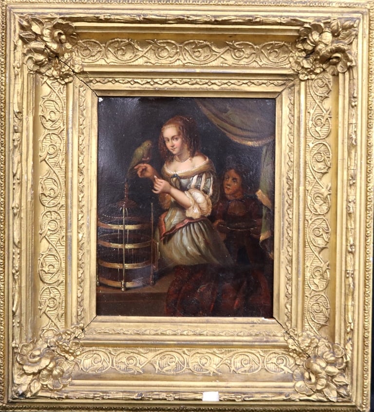 AFTER CASPAR NETSCHER (Dutch, 19th century). Woman with a Parrot at a Window, Early 19th century oil (1 of 7)