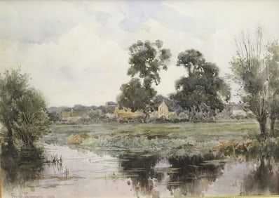 FRANK THOMPSON (British, 1875-1926). Tranquil Village River Landscape, 1904, Watercolor on paper.