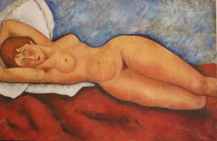 MARIANNE KOROMILAS (French / American, 20th century). Modigliani's Reclining Nude, 1979, Oil