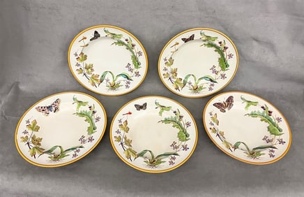 SET OF FIVE 19TH CENTURY WEDGWOOD "ORCHID" PATTERN POLYCHROMED CREAMWARE SOUP PLATES, - D: 10 1/4".