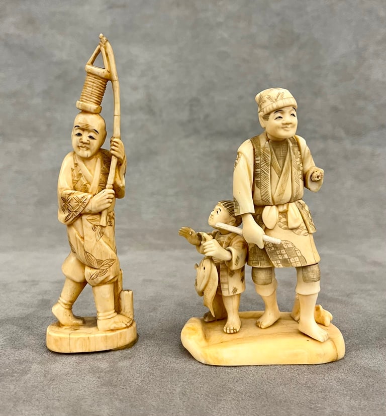 TWO JAPANESE CARVED NETSUKES, - Height: (figurine on the left): 5.5 inches. (1 of 20)