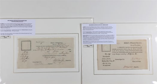 TWO EARLY 1800S WINE AND TEA IMPORT CERTIFICATES. - Approximate size: 5 1/2 in. x 9 1/2 in. (each).