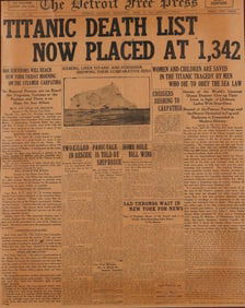 SINKING OF THE TITANIC NEWSPAPER ISSUE, The Detroit Free Press. April 17, 1912. - Framed, 24 in. x