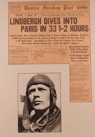 "LINDBERGH DIVES INTO PARIS IN 33 1-2 HOURS" FRAMED NEWSPAPER, Boston Sunday Post, May 22, 1927. -