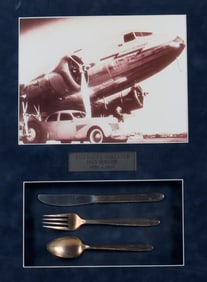 [AVIATION] AMERICAN AIRLINES DC-3 PHOTOGRAPH ACCOMPANIED BY SILVERPLATE CUTLERY. - Framed, 12 in. x