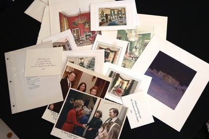 PRESIDENT RONALD REAGAN AND NANCY REAGAN MEMORABILIA INCLUDING FIVE STAFF CHRISTMAS CARDS AND SIGNED