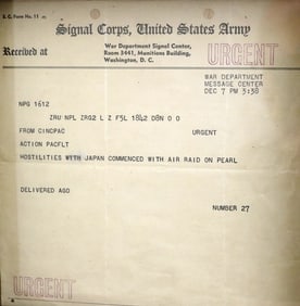 HISTORICALLY IMPORTANT U.S. WORLD WAR II/PEARL HARBOR TELEGRAM TRANSMITTING FIRST NEWS OF BOMBING OF