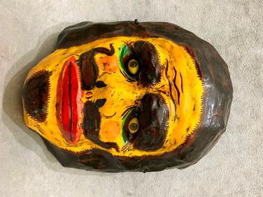 R. D. BISSETT (American, born 1938). Mask with Mustache, 1985, Paper-mache mask with vivid colors.