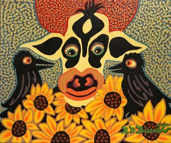 R. D. BISSETT (American, born 1938). The Cow, The Crows, The Sunflowers, 2010, Acylic on canvas.
