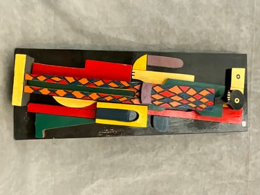 R. D. BISSETT (American, born 1938). The Harlequin, 1989, Hand carved and colored wooden board.