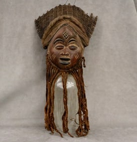 ANGOLAN CHOKWE PWO MASK WITH A HEADDRESS, - 25 inches lenght.
