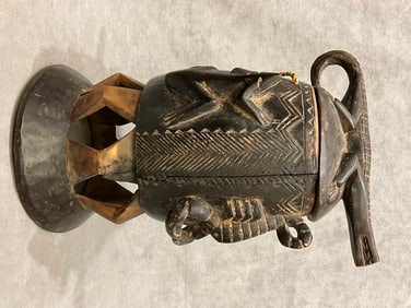 CAMEROONIAN BAMILEKE PALM BUTTER CONTAINER, GRASSFIELDS. - Height approximately: 13 inches.