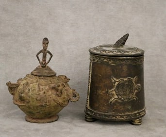 CAMEROONIAN BRONZE LIDDED CONTAINERS. - Height: 5 inches.