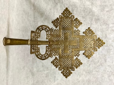 ETHIOPIAN COPTIC BRASS PROCESSIONAL ORNATE CROSS. - Height approximately: 19 inches.