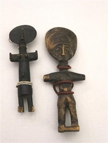 PAIR OF ASHANTI WOODEN FEMALE DECORATED DOLLS GHANA, Late 20th Century. - Tallest statue, H: 11.25".