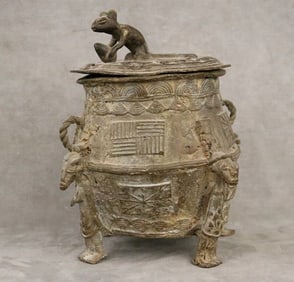 MALIAN DOGON PEOPLES COVERED BRONZE VESSEL. - Height: 10 inches.