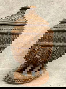 NIGERIAN AJERE IFA FROM OSOGBO WOODEN VESSEL, - Height:.: NIGERIAN AJERE IFA FROM OSOGBO WOODEN VESSEL. A carved wooden lidded vessel which possibly an Ajere Ifa from Osogbo, Nigeria, or a ritual container from the Dogon people of Mali. These types of vesse