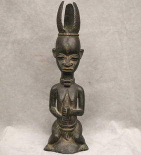 NIGERIAN YORUBA FEMALE OGBONI SHRINE FIGURE/EARTH SPIRIT, IJEBU OR OWU REGION, - Height: 18.5: NIGERIAN YORUBA FEMALE OGBONI SHRINE FIGURE/EARTH SPIRIT, IJEBU OR OWU REGION. Patinated bronze (or a copper alloy) Nigerian Yoruba female Ogboni shrine figure which are associated with the Ogboni (o