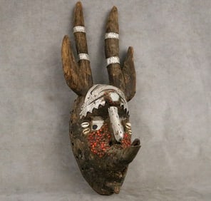 NIGERIAN EBIRA PEOPLE DECORATED MASK, - Height:.