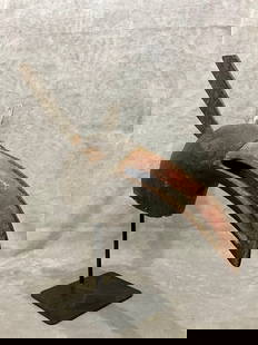 NIGERIAN MUMUYE PEOPLE BIRD MASK. - Length approximately: 21 inches.: NIGERIAN MUMUYE PEOPLE BIRD MASK. A Mumuye mask from Nigeria, crafted from wood and pigments. The mask is characterized by its long, beak-like projection, likely representing a bird. These masks are