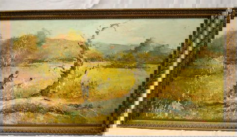 AMERICAN SCHOOL (20th century). Man Hunting Pheasant with a Dog, Oil on canvas depicts a hunting