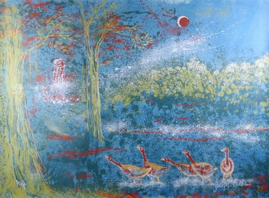 AMERICAN SCHOOL (20th century). Red Moon, Possibly a serigraph with colors. Noted as an "Artist