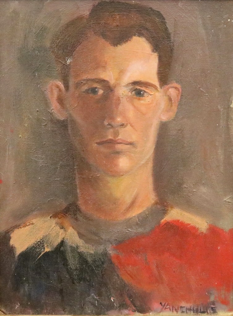 AMERICAN SCHOOL (Early 20th century). Portrait of a man wearing a colorful pullover, Oil on canvas.: AMERICAN SCHOOL (Early 20th century). Portrait of a man wearing a colorful pullover, Oil on canvas. Signed YANIHULIE. Framed. - 15.5 x 12 inches; frame: 18 x 14 inches