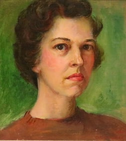 DOT. CROWLEY (American, 20th century). Portrait of a woman on a green background, 1960, Oil on