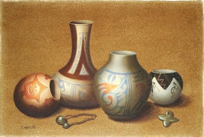 J. HERISON, (Contemporary). AMERICAN SOUTHWEST INDIAN PAINTED POTTERY VESSELS, Signed lower left.