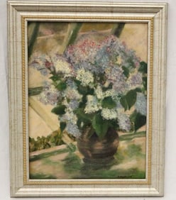 JESSI M. ASHFORD (American, 20th century). Lilacs in a Window, Oil on canvas. Signed lower right