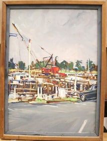 MICHAEL FRANCIS (American, 1948 - 2023). Old Town Harbor, circa 1972, Oil or acrylic on masonite.