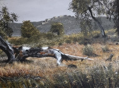 RAY FRIESZ (American, 1930-2007). The Golden Meadow, Oil on board. The painting depicts a rural