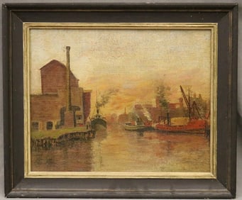 CONTINENTAL SCHOOL (19th century). Port Scene, Oil on canvas. Framed.