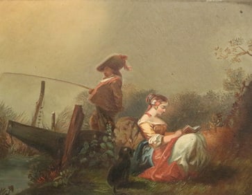 FOLLOWER OF FRANCOIS BOUCHER (19th century). Man Fishing and Woman Reading next to her Dog, Oil on