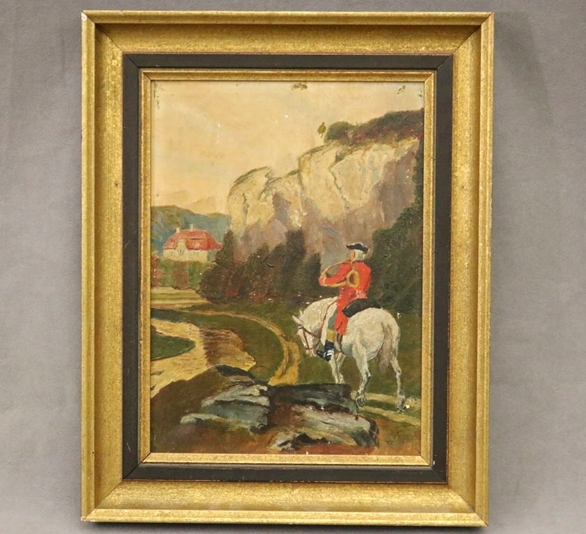 GERMAN SCHOOL (19th century). Hunter Blowing his Horn, (for restoration). Oil on canvas. Unsigned.: GERMAN SCHOOL (19th century). Hunter Blowing his Horn, (for restoration). Oil on canvas. Unsigned. Framed. - 12 x 9 inches; frame: 16.5 x 13 inches