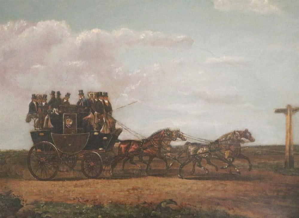 AFTER HENRY THOMAS ALKEN (British, 19th century). Coaching Scene, Oil on canvas depicting a: AFTER HENRY THOMAS ALKEN (British, 19th century). Coaching Scene, Oil on canvas depicting a horse-drawn stagecoach, likely a mail coach given its passengers and purpose. The coach is pulled by four ho