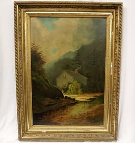 ENGLISH SCHOOL (Late 19th century). Rural Scene Featuring a Cottage, Oil on canvas depicts a rural