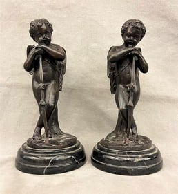 AFTER LOUIS AUGUSTE MOREAU (French, 1855 - 1919). Pair of Bronze Standing Cherubs, Patinated bronze