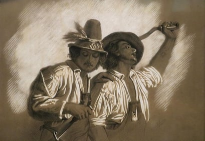 CHARLES LOUIS DEFOSSEUX (French, mid 19th century). Two Peasants in the Field , Drawing. Signed