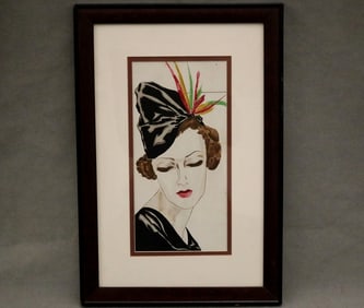 FRENCH SCHOOL (20th century). Portrait of a lady, Wearing a hat with colored feathers, brownh hair