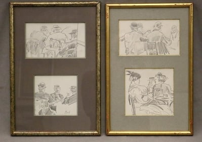 FRENCH SCHOOL (Early 20th century). Parisian Cafe scenes, Four pencil drawings. Illegible signature.