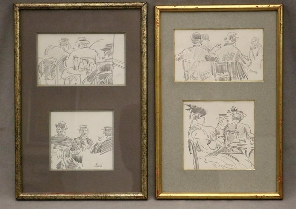 FRENCH SCHOOL (Early 20th century). Parisian Cafe scenes, Four pencil drawings. Illegible signature. (1 of 17)