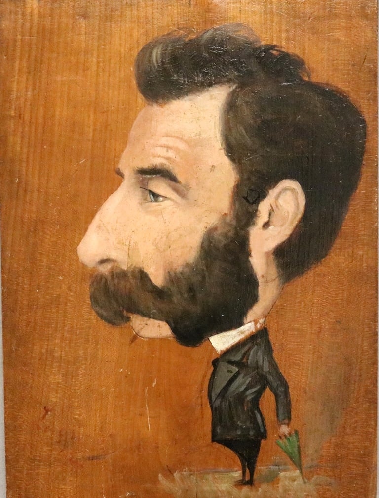FRENCH SCHOOL (Late 19th century). Caricature of a Bearded Man holding Green Umbrella, Caricature of: FRENCH SCHOOL (Late 19th century). Caricature of a Bearded Man holding Green Umbrella, Caricature of a man with a large nose and beard, wearing a suit and holding a small green umbrella. This style of