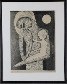 BELLA BRISEL (Israeli, 1929 - 1982). Mother and Child, 1960, Woodcut on paper. Pencil dated and
